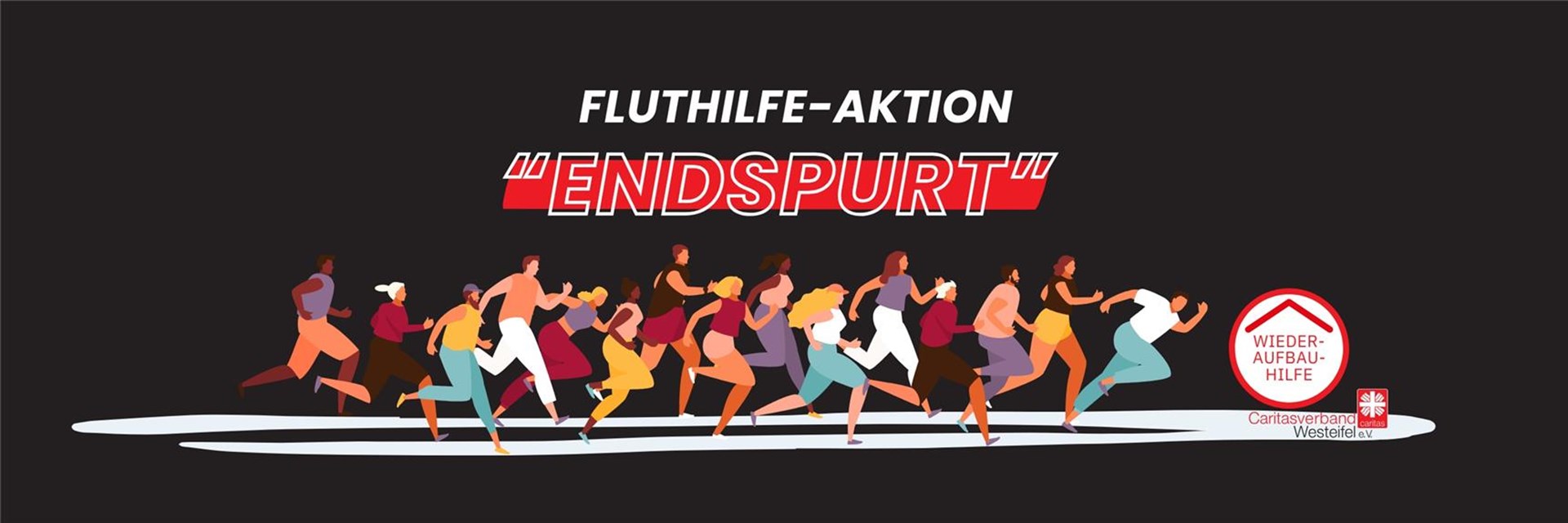 Eine Gruppe Menschen läuft symbolisch auf den Endspurt Fluthilfe zu.